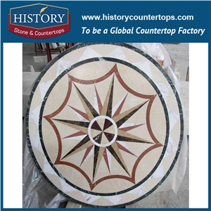 Bianco Carrara, Dark Emperador, Inca Gold Stone Marble, Water Jet Cutter Mosaic Artistic Tiles Designs Round Floral Interior Floor Inlay Medallions