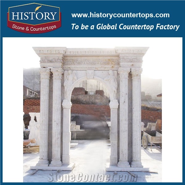 Bianco Carrara White Marble Figure Carving Arches Door Surrounds with Columns, Exterior Front Entrance Door Frames