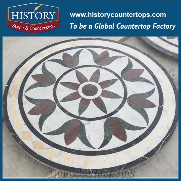 Carrara White, Cream Marfil, Nero Marguina, Rajo Alicante Marble Designs, Cnc Water Jet Cutting Mosaic Tiles Round Flower Floor Medallions