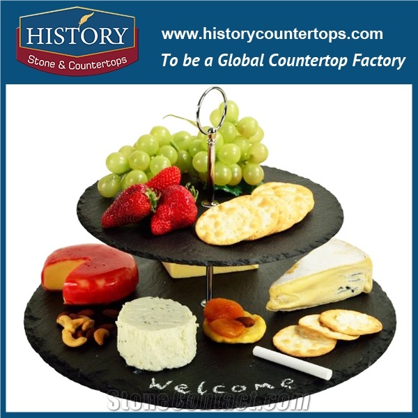 China Black Polished Surface 2 Tier Slate Dessert Stone Stand, Round Food Serving, Fruit Plates