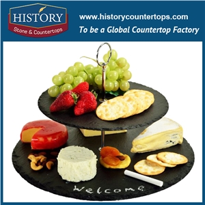 China Black Polished Surface 2 Tier Slate Dessert Stone Stand, Round Food Serving, Fruit Plates