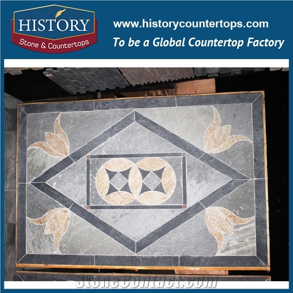 China History Stone Slate Walling Tiles, Water Jet Medallion Pattern Black Flooring Inlay Tiles Wholesale, Flower Pattern Design for Modern Decoration