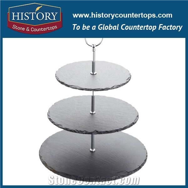 China Kitchen Craft 3 Tier Round Cake Serving Stand, Party Buffet Platter Made Of Black Natural Slate Stone