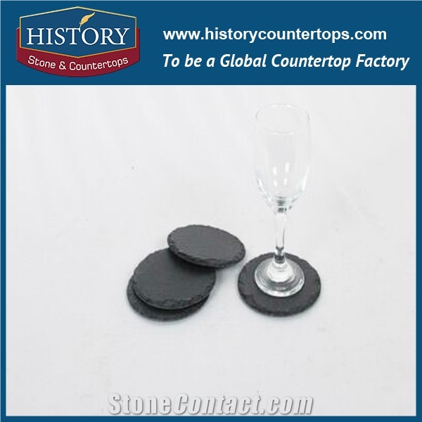 China Round Pattern Arts Products Placemat Series, Slate Plate Trays and Dishes Made Of Nature Black Slate Stone