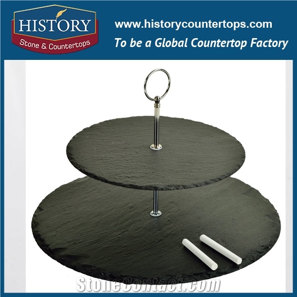 China Round Pattern Arts Products Placemat Series, Slate Plate Trays and Dishes Made Of Nature Black Slate Stone
