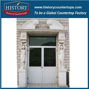 Decorative Pure White Marble Designs Freestanding Arch Door Surrounds with Women Statues, Main Gates Door Frames