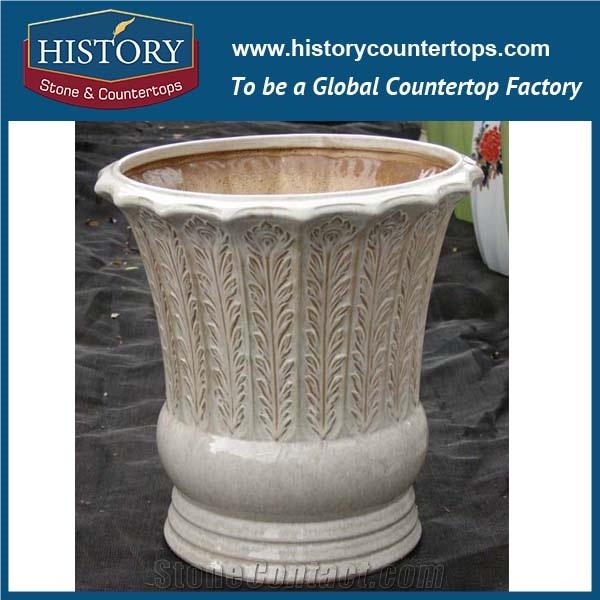 Factory Price Natural Stone Beige Marble Carving Flower Planters Vases, Outside Decorative Garden Stone Hand Carved Tall Flowerpots