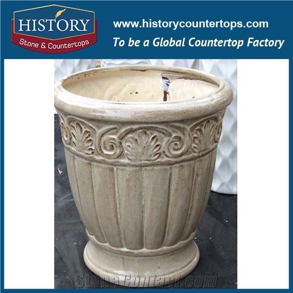 Factory Price Natural Stone Beige Marble Carving Flower Planters Vases, Outside Decorative Garden Stone Hand Carved Tall Flowerpots