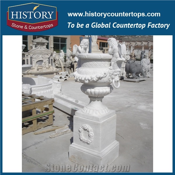 Factory Price Polishing White Marble Stone Flowerpots Vases Stands, High Carving Angel Statues Sculpture Roman Style Flowers Planters