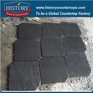 Flat Surface Chiseled Edges Black Square Shape Slate Roofing Tiles with Two Cut Corners, Exterior Decorative Building Stone