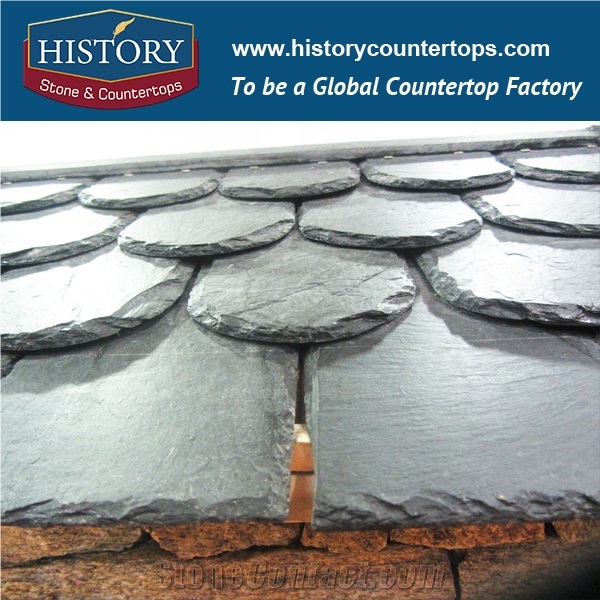 Flat Surface Chiseled Edges Black Square Shape Slate Roofing Tiles with Two Cut Corners, Exterior Decorative Building Stone