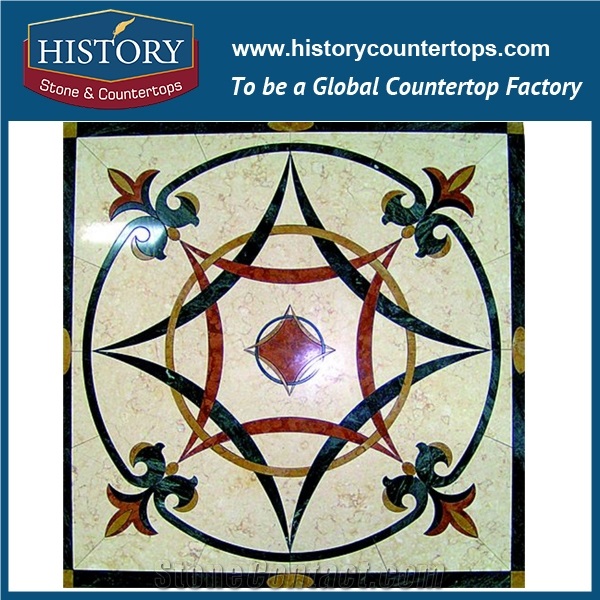 Giallo Cleopatra, Dark Emperador, Rojo Alicante Marble Water Jet Stone Mosaic Tiles, Square Maze Pattern Artistic Passage Floor Stone Medallions
