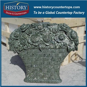 Green Color Marble Stone European Style Planters Pots Stands with Carving Flowers, Charming American Main Gates, Balcony Flowerpots