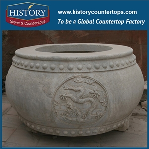 Grey Limestone Natural Stone Round Shape Planters Stands with Carved Chinese Dragons Pictures, Big Size Garden Flowerpots Molds