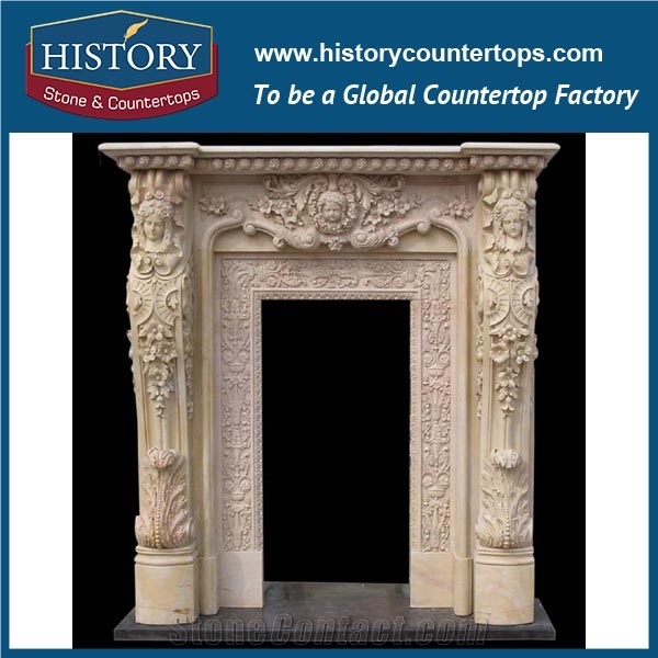 Hand Carved Beige Limestone Decorative Main Door Frame Designs with Girl Statue, Entrance Door Surrounds for House, Villa