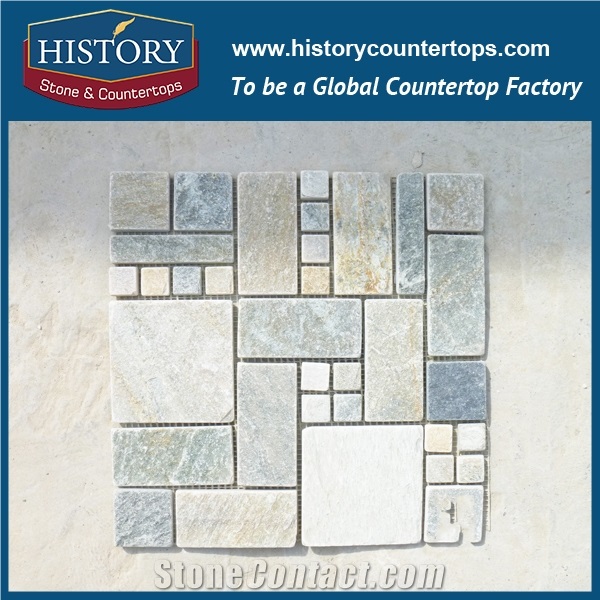 Herringbone Slate Stone Mosaic Fan Shape & Versailles Pattern Natural Multicolor Stone Landscape Decoration