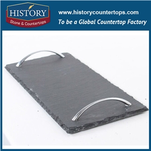 History Stone Black Slate Plates with Stainless Steel Handles, Kitchen Trays and Dishes, Utensils for Restaurant