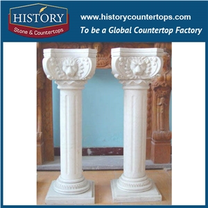 History Stone China Supply Western Roman Style Hand Carving Lion Head Pure White Marble Stone with Relief Hotel Gate Outdoor Decorative Pillar