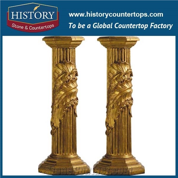 History Stone Chinese Beautiful Decoration Golden Yellow Marble Stone Carved Cultured Column with Floral Design Natural Gate Pillar