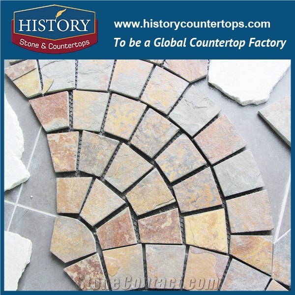 History Stone Yellow Color Cobblestone Flagstone Mat in Fan Pattern, Decorating Flooring Granite Stone, Plaza Floor Covering Stone