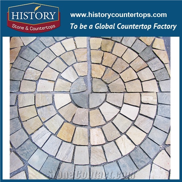 History Stone Yellow Color Cobblestone Flagstone Mat in Fan Pattern, Decorating Flooring Granite Stone, Plaza Floor Covering Stone