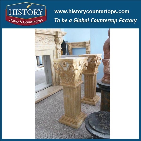 History Stones China Beauty Round Antique Decor Column Natural Brown Marble Hand Carved Floral Design External Park Villa Decoration Pillars