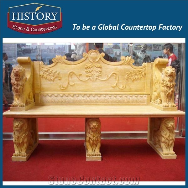 History Stones Chinese Supplier Vogue Cheap Golden Yellow Marble Chair Antique Exquisite Hand Carved Lion Head Handrail Bench