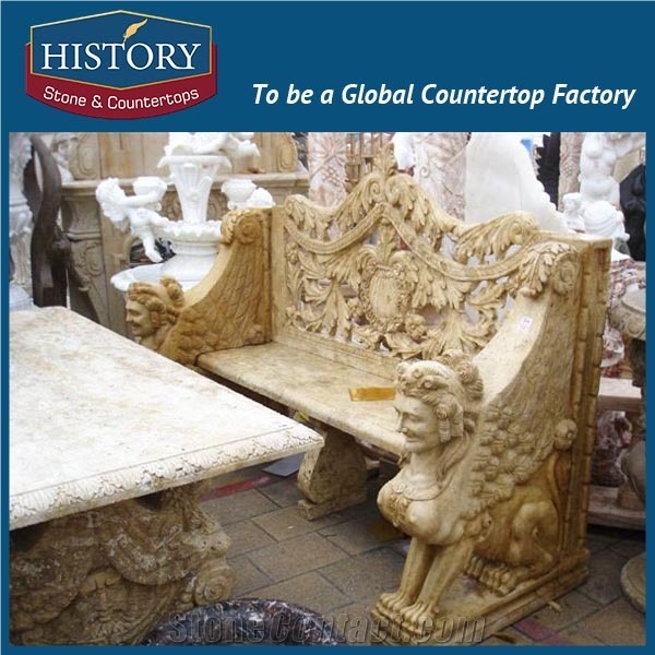 History Stones Chinese Supplier Vogue Cheap Golden Yellow Marble Chair Antique Exquisite Hand Carved Lion Head Handrail Bench