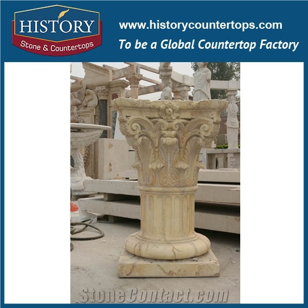 History Stones Popular Floral Engraved Design Carved Galala Beige Marble Square Pedestal Stone Base Carving Building Decoration Sculptured Pillars