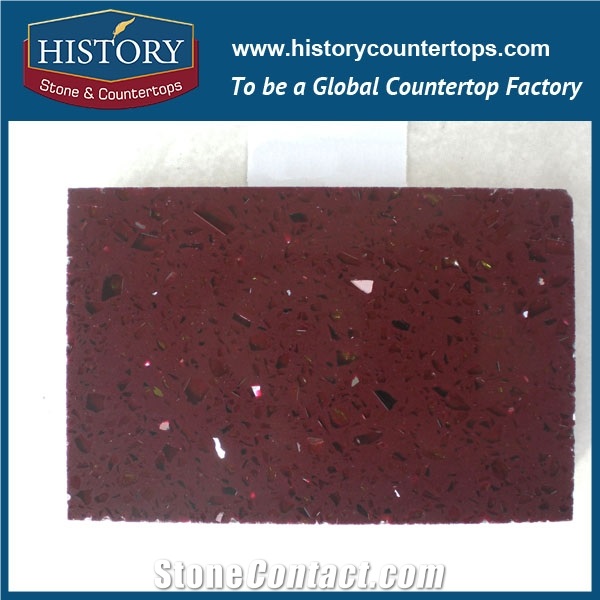 Historystone Crimson Red with Slippy and Glossy Surface Man Made Crystal Tile and Slab Quartz Stone for Kitchen Countertops or Bar Tops.