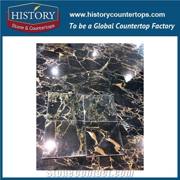 Historystone Imported Athen Gold Flower Black Marble with Golden Vein Big Slabs,Normally Polished, Also Honed Surface Finished.