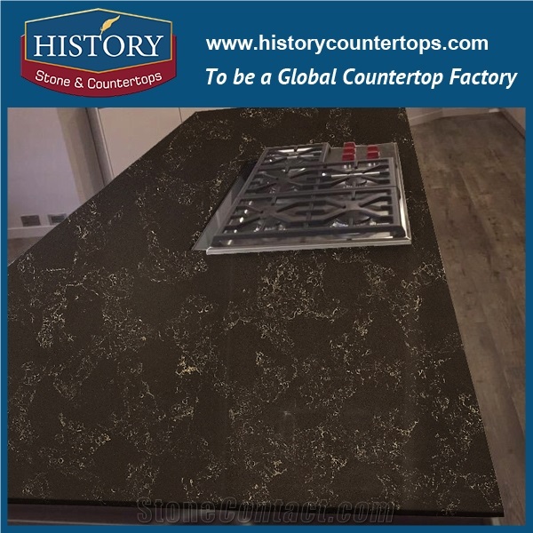 Historystone Negro Portoro Imitation Tile and Slab Quartz Stone with Marble Vein Surface for Kitchen Countertops or Island Tops and Countertops