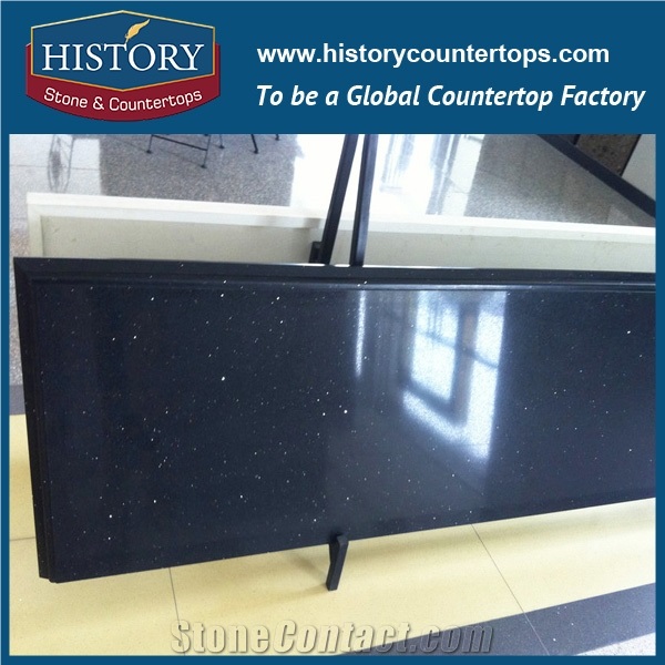 Historystone with High Polish Surface Man Made Crystal Tile and Slabs Quartz Stone in Jet Black for Kitchen Desk Tops or Worktops.