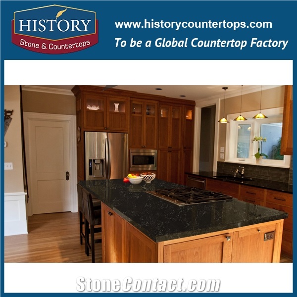 Historystone with Polished Solid Surface in Negro Portoro Marble Tile and Slab Quartz Stone for Kitchen Island Tops or Countertops and Bar Tops.