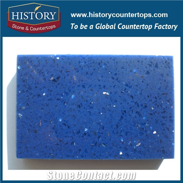 Historystone with Transparent Crystal and Sparkle Surface in Sea Blue Tile and Slab Quartz Stone for Kitchen Countertops.