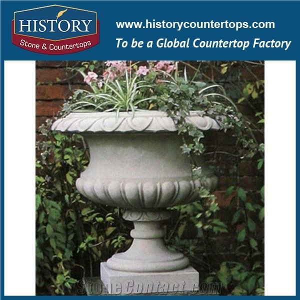 Hot Sale Garden Pots Grey Sandstone Decorative Round Flowerpots, Home Used Simple Designs Hand Carved Planters