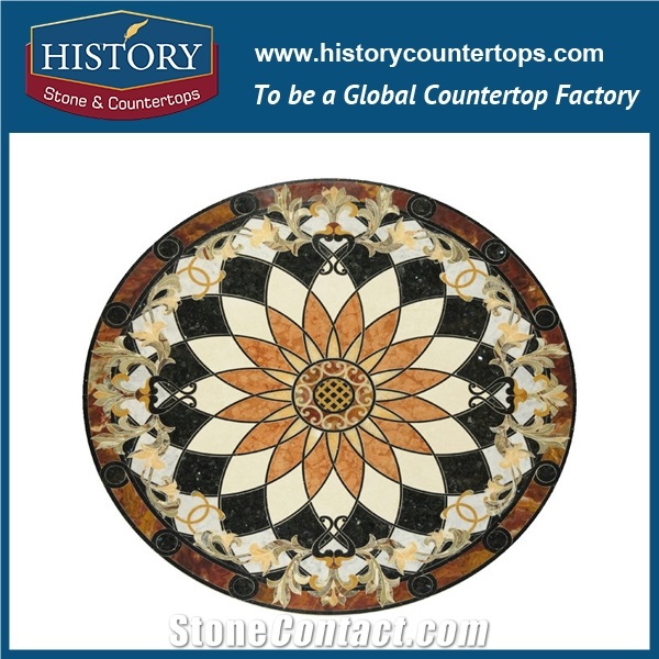 Light Emperador, Century Beige, Rojo Alicante Marble Cnc Water Jet Stone Mosaic Tiles, Round Pattern Seal Artistic Decoration Floor Medallions