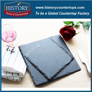 Nature Black Slate Stone Square Shape Arts Products Cup Mat Series, Slate Plate Trays and Dishes