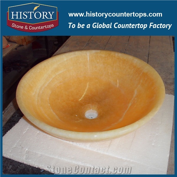 Polished Stone, European Style Round Yellow Honey Onyx Stone Sinks from China Factory, Onyx Carved Manufacturer, Wholesale Cheap Carving Basins