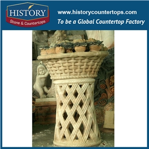 Pure White Marble Round Basket Shaped Planters Pots Stands with Carved Flowers, Big Size Garden Decorated Roman Style Flowerpots Molds