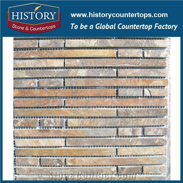 Rusty Slate Mosaics Tiles for Home Decor, Irregular Linear Strips Mosaic, Square Slate Back Mesh Stone Wall