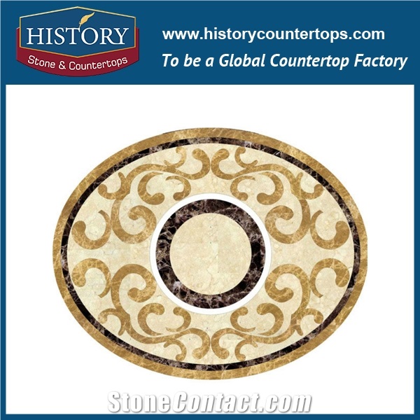 Spain Cream Marfil Beige, Champagne Gold, Black Marble Cnc Water Jet Mosaic Tiles Round Flower Compass Floor Inlay Natural Stone Medallions