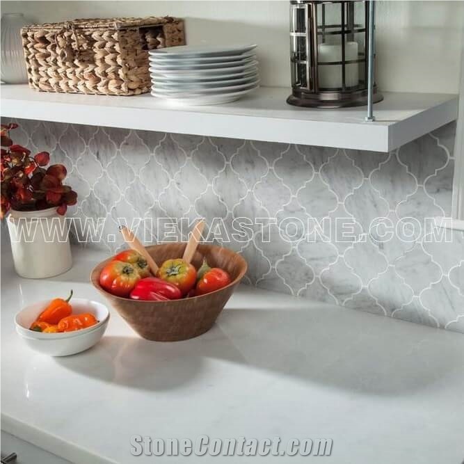 Bianco Carrara White Marble Mosaic Tile Abaresque Pattern Polished Sheet 12‘’X12 for Interiro Kitchen, Bathroom, Backsplash Wall Floor Covering