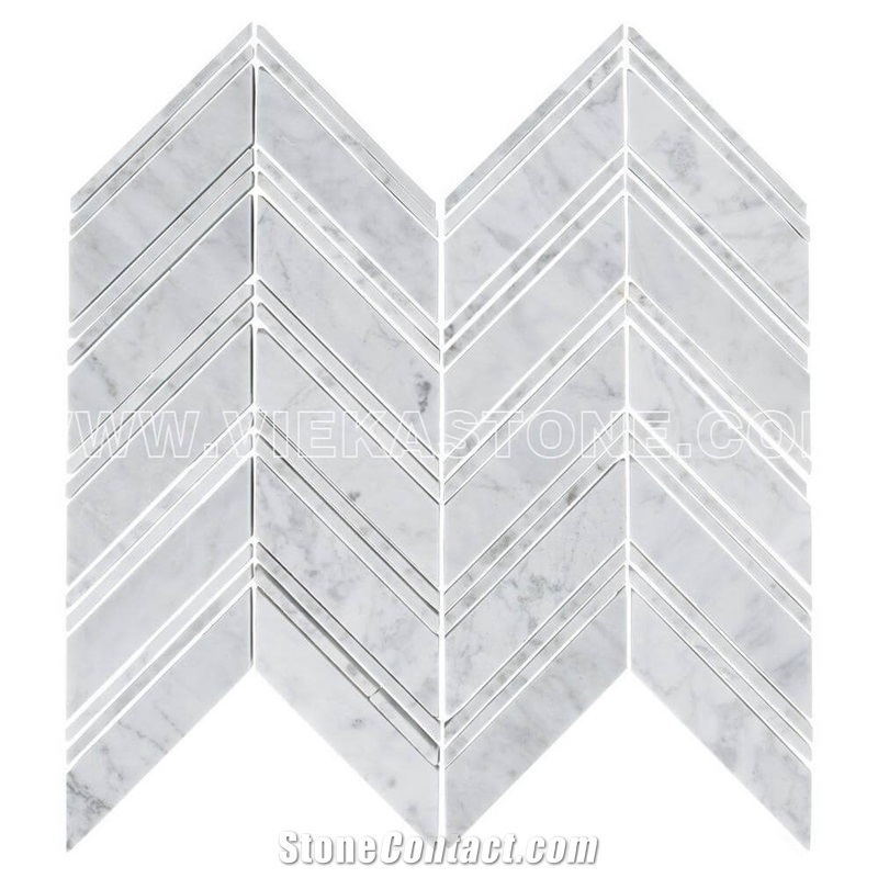 Bianco Carrara White Marble Mosaic Tile Chevron Pattern Polished Sheet 12‘’X12 for Interiro Kitchen, Bathroom, Backsplash Wall Floor Covering
