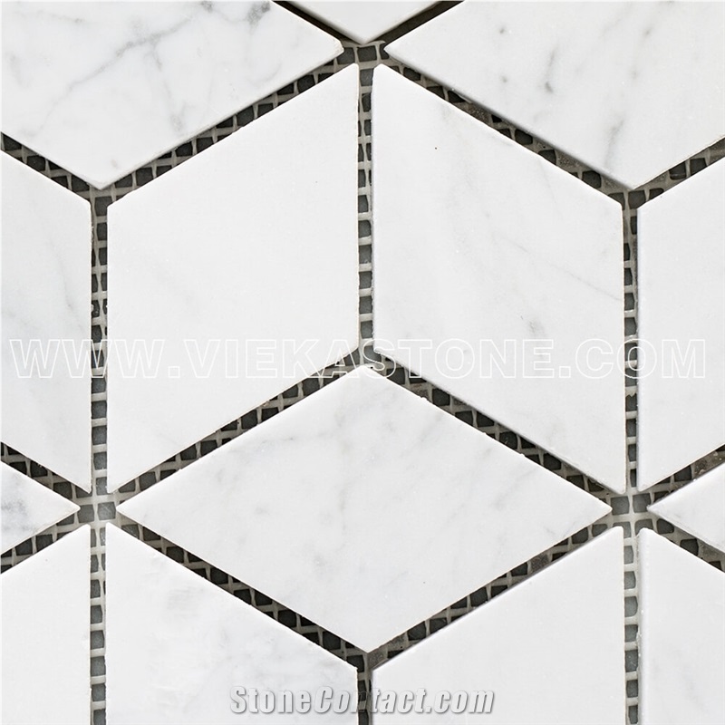 Bianco Carrara White Marble Mosaic Tile Cube Rhombus Pattern 12‘’X12 Vieka Stone for Kitchen, Washroom, Bathroom, Backsplash Wall and Floor Covering