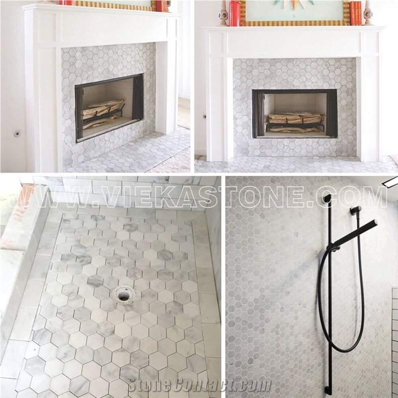 Bianco Carrara White Marble Mosaic Tile Hexagon Pattern Chips 100mm Sheet 12‘’X12 for Interiro Kitchen, Bathroom, Backsplash Wall Floor Covering