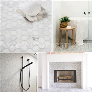 Bianco Carrara White Marble Mosaic Tile Hexagon Pattern Chips 100mm Sheet 12‘’X12 for Interiro Kitchen, Bathroom, Backsplash Wall Floor Covering