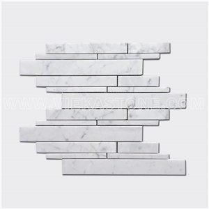 Bianco Carrara White Marble Mosaic Tile Randowm Length Strip Brick Polished for Interiro Kitchen, Bathroom, Backsplash Wall Floor Covering