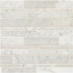 Bianco Carrara White Marble Mosaic Tile Randowm Length Strip Brick Polished for Interiro Kitchen, Bathroom, Backsplash Wall Floor Covering