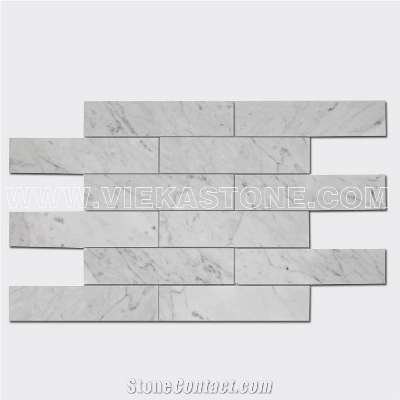 Bianco Carrara White Marble Mosaic Tile Subway Brick 2x8 Polished Sheet 12x12 for Interiro Kitchen, Bathroom, Backsplash Wall Floor Covering